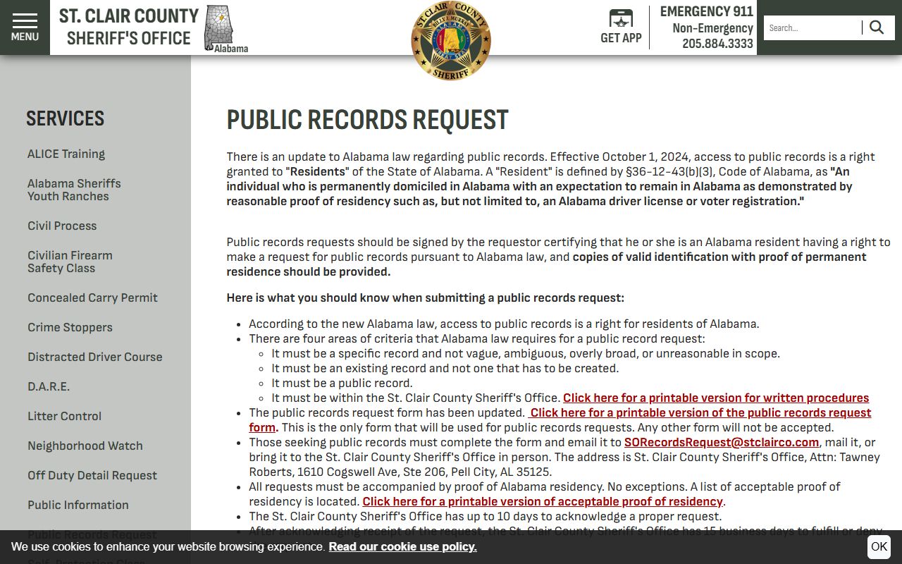 St. Clair County public records request page for booking photo requests